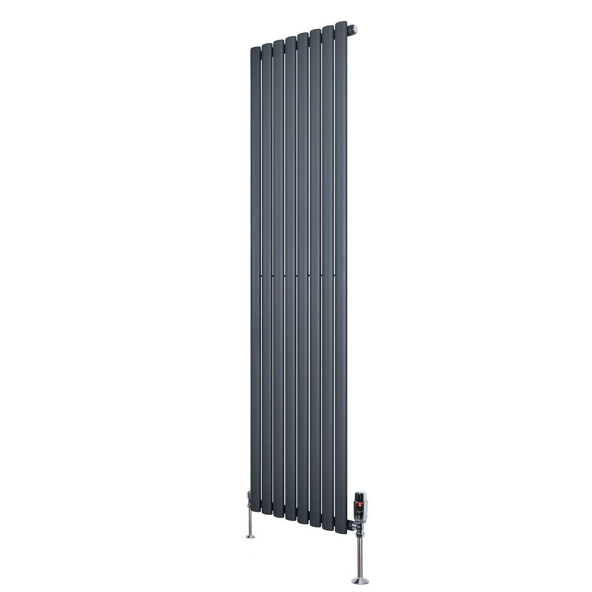 Oval enkelkolonnsradiator i antracitgrå, 1800 mm x 480 mm, med släta, vertikala lameller och synliga ventiler i metall