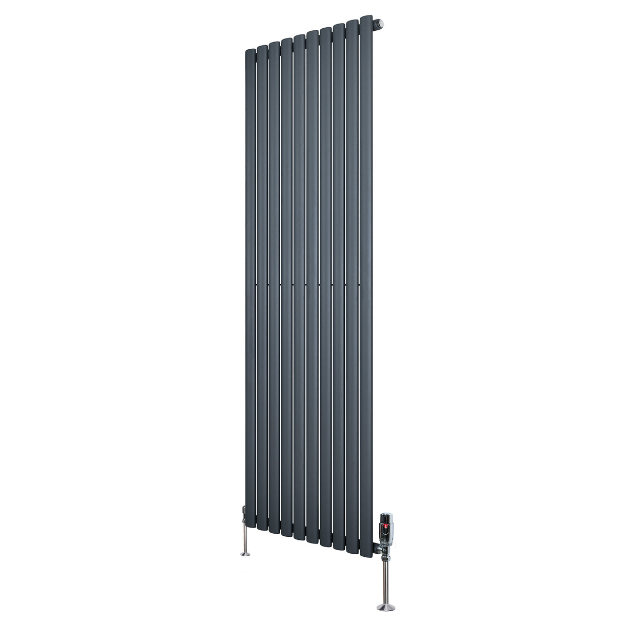 Oval enkelkolonnsradiator i antracitgrå, 1800 mm x 600 mm, med släta, vertikala lameller och ventiler för effektiv värme