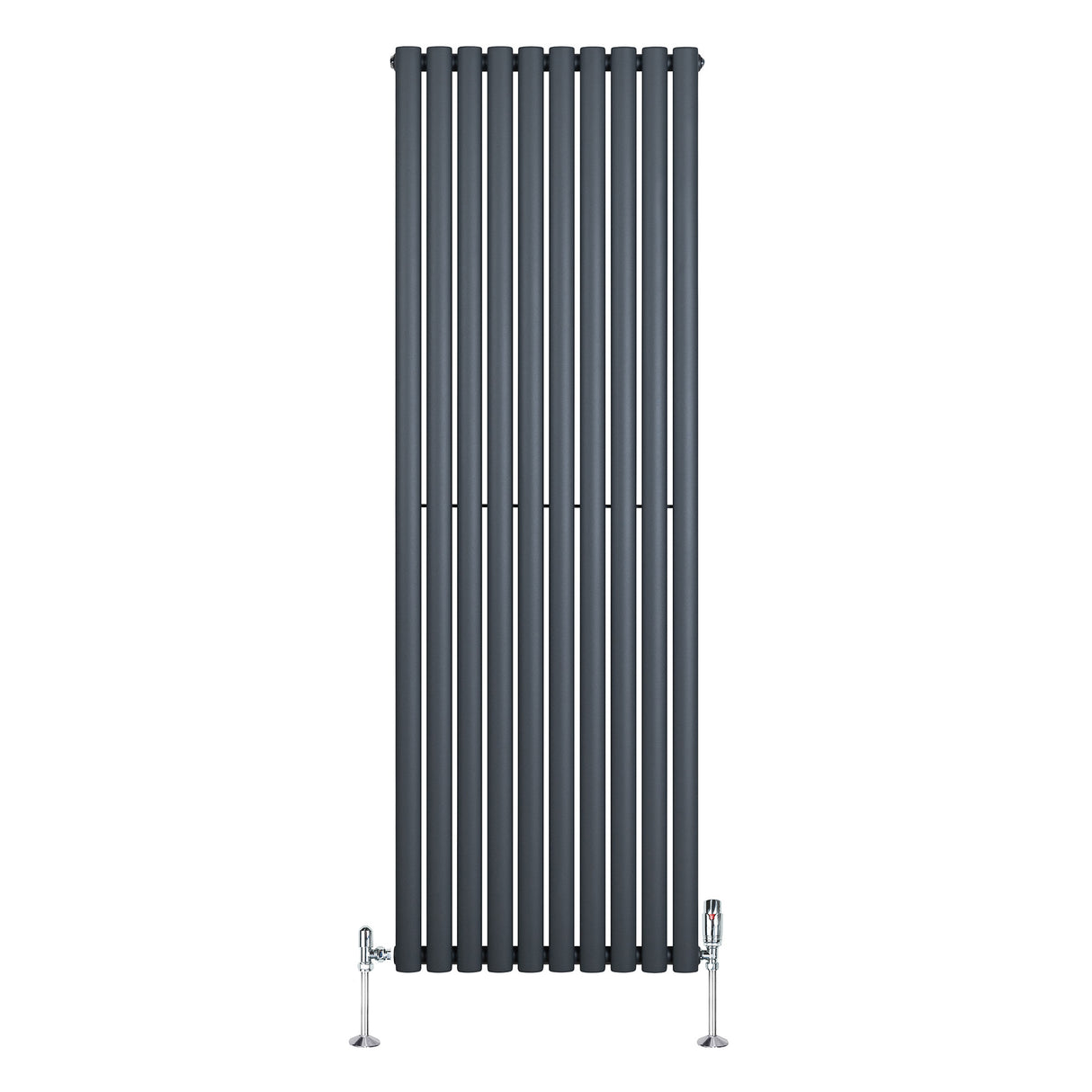 Oval enkelkolonnsradiator i antracitgrå, 1800 mm x 600 mm, med släta ytor och stilrena ventiler, perfekt för modern inredning