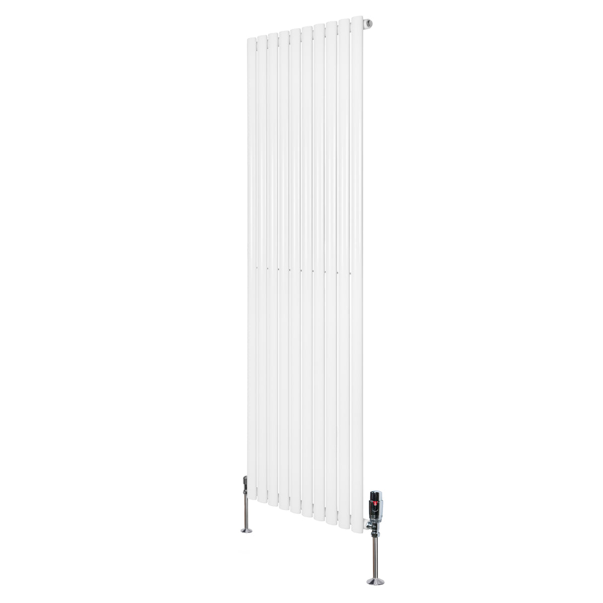Oval enkelpelarradiator i vit färg, 1800 mm x 600 mm, med släta ytor och moderna ventiler för effektiv värmefördelning