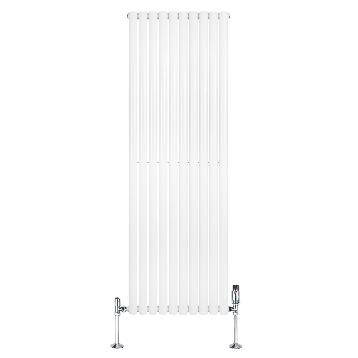 Oval enkelpelarradiator i vit färg, 1800 mm x 600 mm, med släta ytor och två ventiler i krom för modern inredning