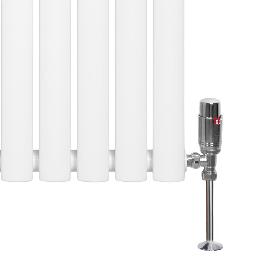 Oval vit enkelpelarradiator med släta ytor och glänsande ventiler, 1800 mm x 600 mm, perfekt för effektiv uppvärmning