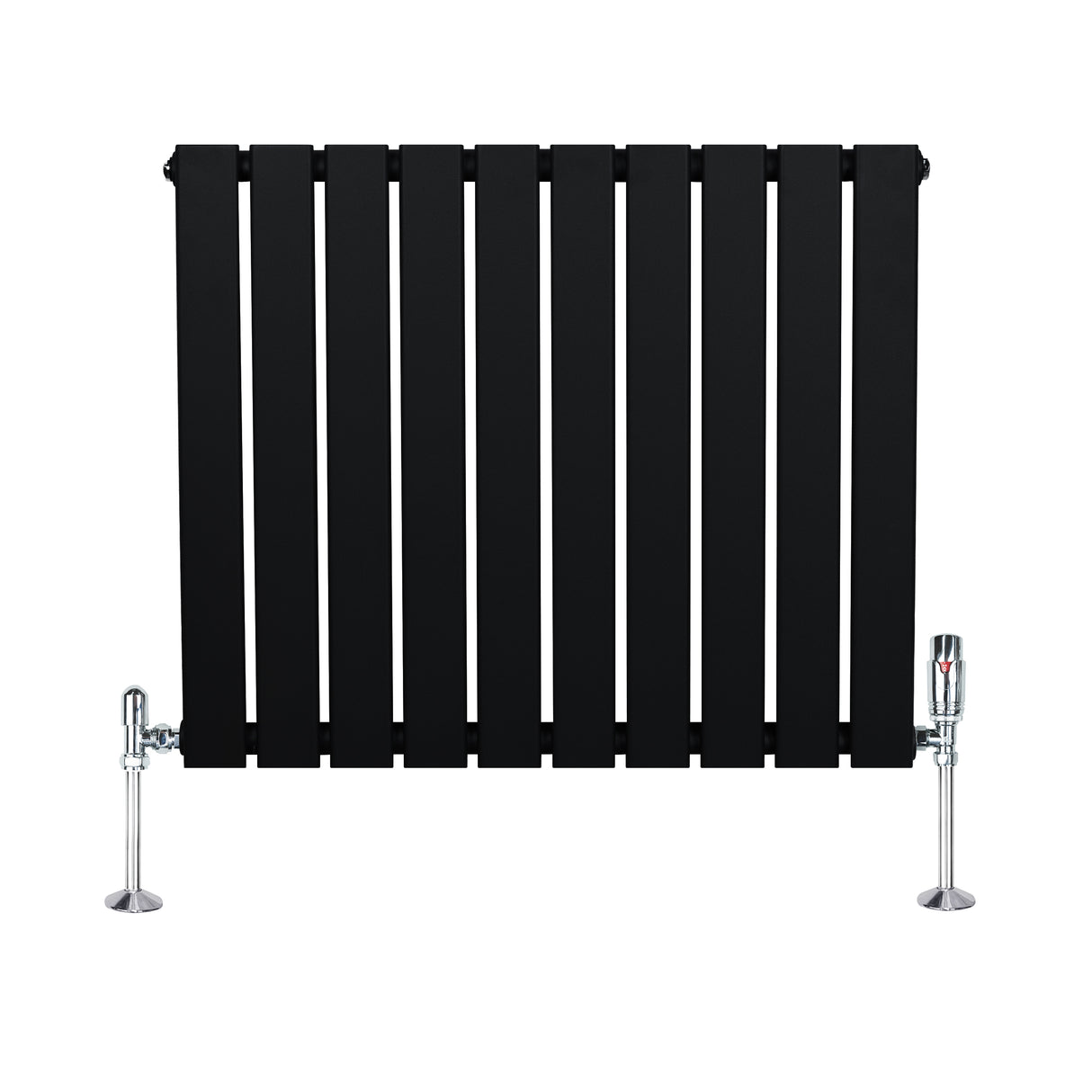Svart platt enkelkolumnsradiator med ventiler, 600 × 700 mm, med släta ytor och moderna kromade fästen för elegant inredning