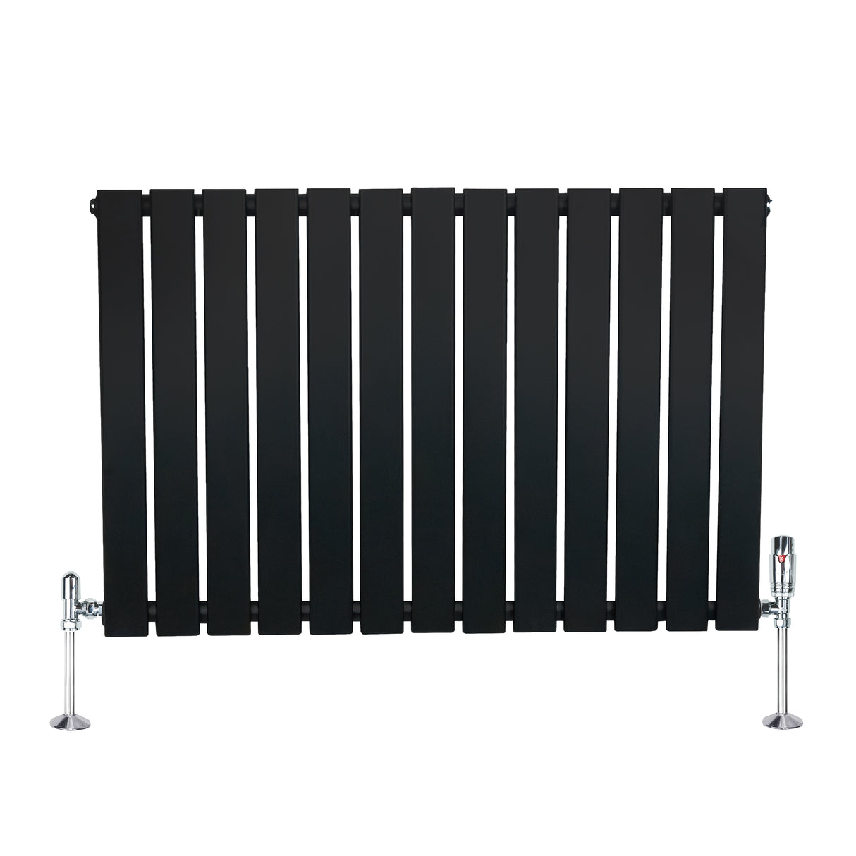 Svart platt enkelkolumnsradiator med ventiler, 600 mm x 910 mm, med släta, vertikala lameller och glänsande kromade ventiler