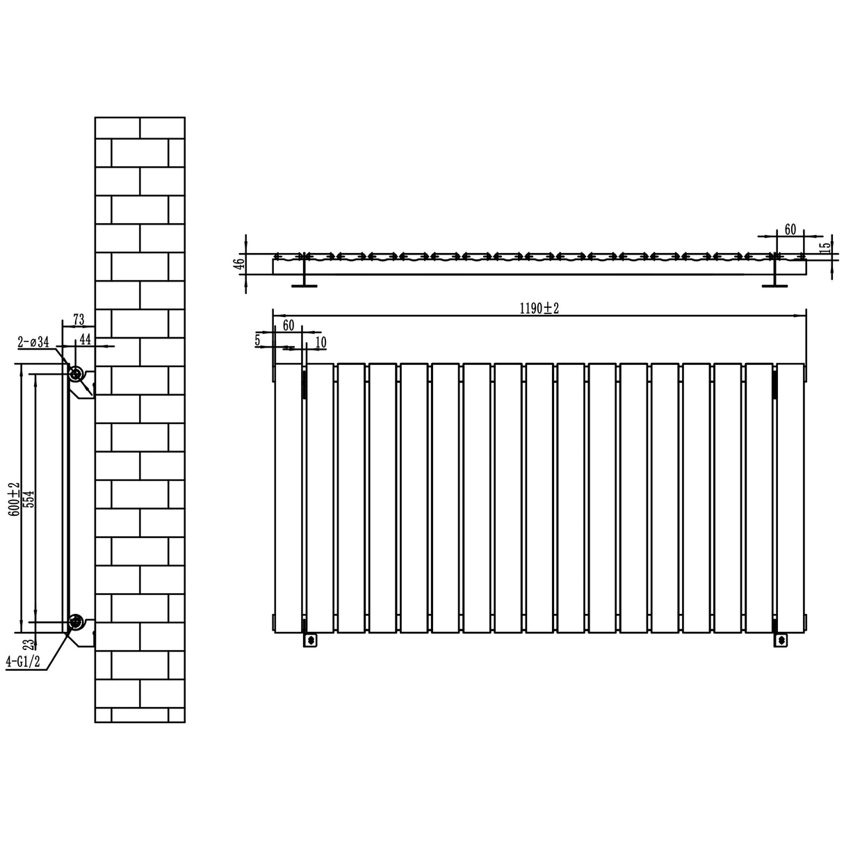 Platt antracitgrå enkelkolumnsradiator med ventiler, mått 600 mm x 1190 mm, med släta ytor och modern design