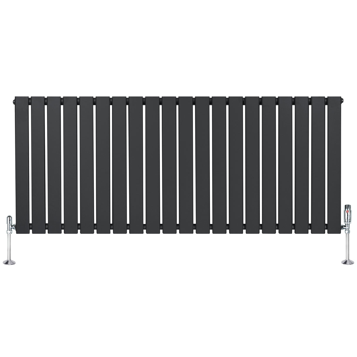 Platt enkelkolumnsradiator i antracitgrå med släta ytor och ventiler, mått 600 mm x 1400 mm, perfekt för modern inredning