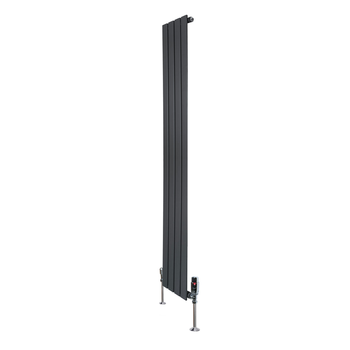 Platt enkelkolumnsradiator i antracitgrå, 1600 mm x 280 mm, med släta ytor och ventiler för effektiv värmefördelning