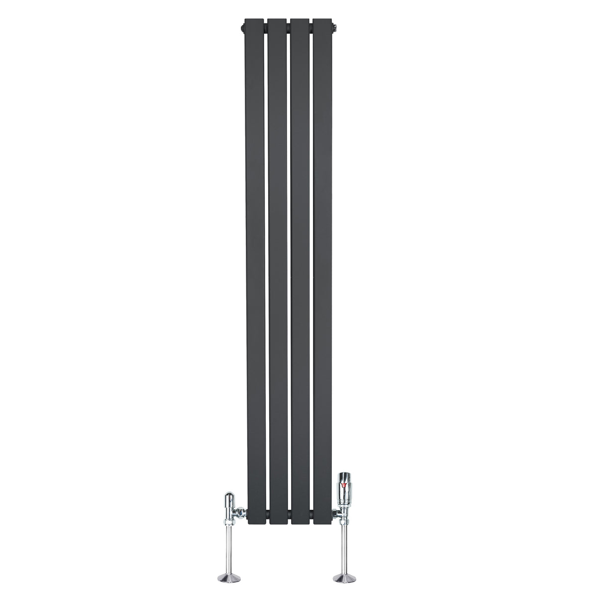 Platt enkelkolumnsradiator i antracitgrå med fyra vertikala paneler och synliga ventiler, perfekt för moderna inredningar
