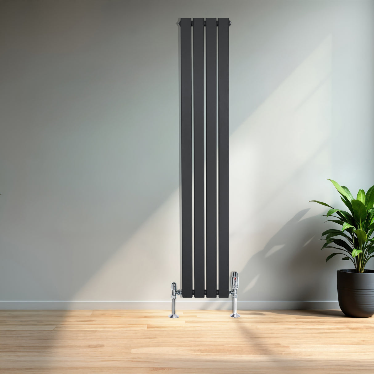 Platt enkelkolumnsradiator i antracitgrå med slanka linjer, monterad på golvet, omgiven av en grön växt i en ljus miljö
