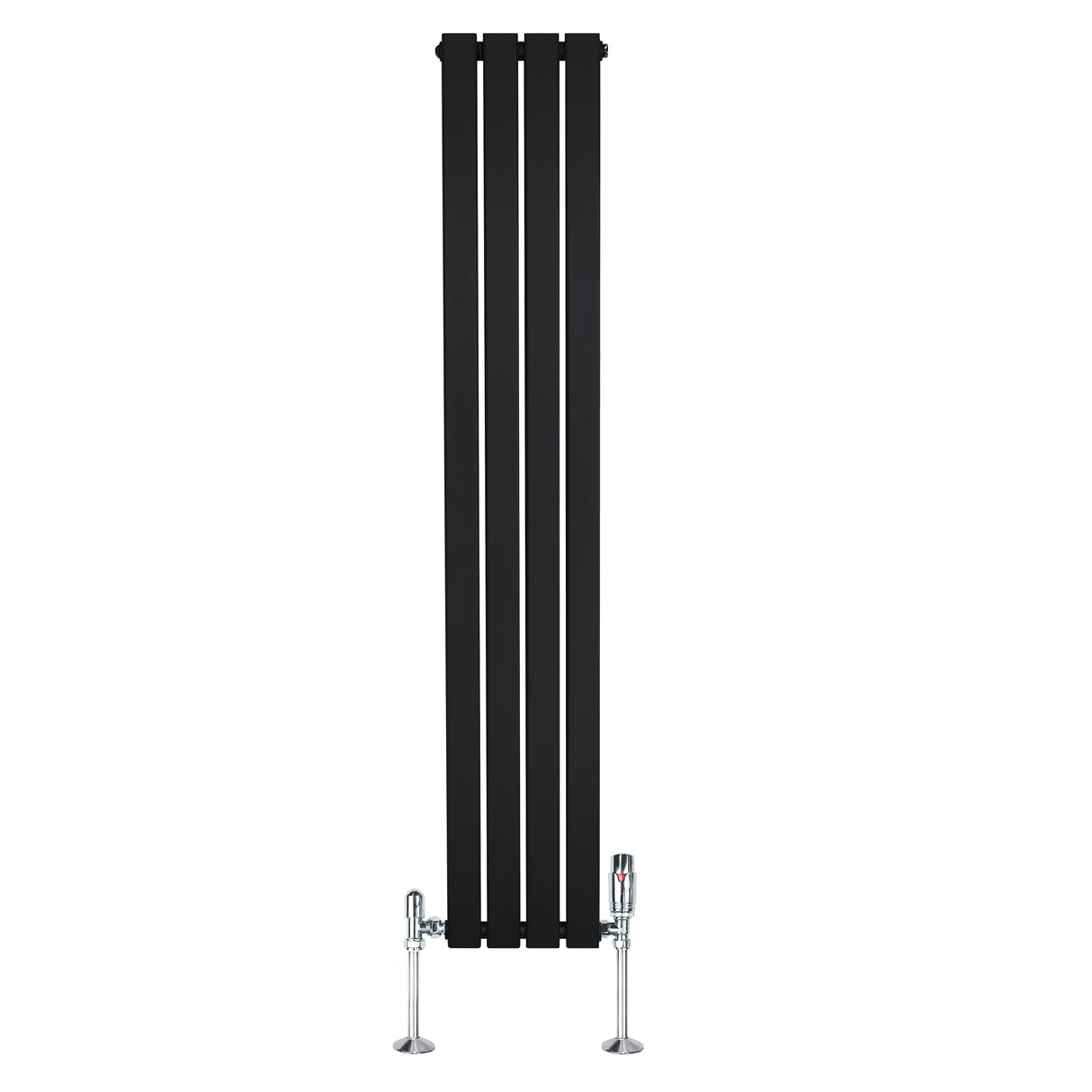Svart platt enkelkolumnsradiator med ventiler, 1600 mm x 280 mm, har en slät yta och moderna, stilrena linjer för effektiv värme
