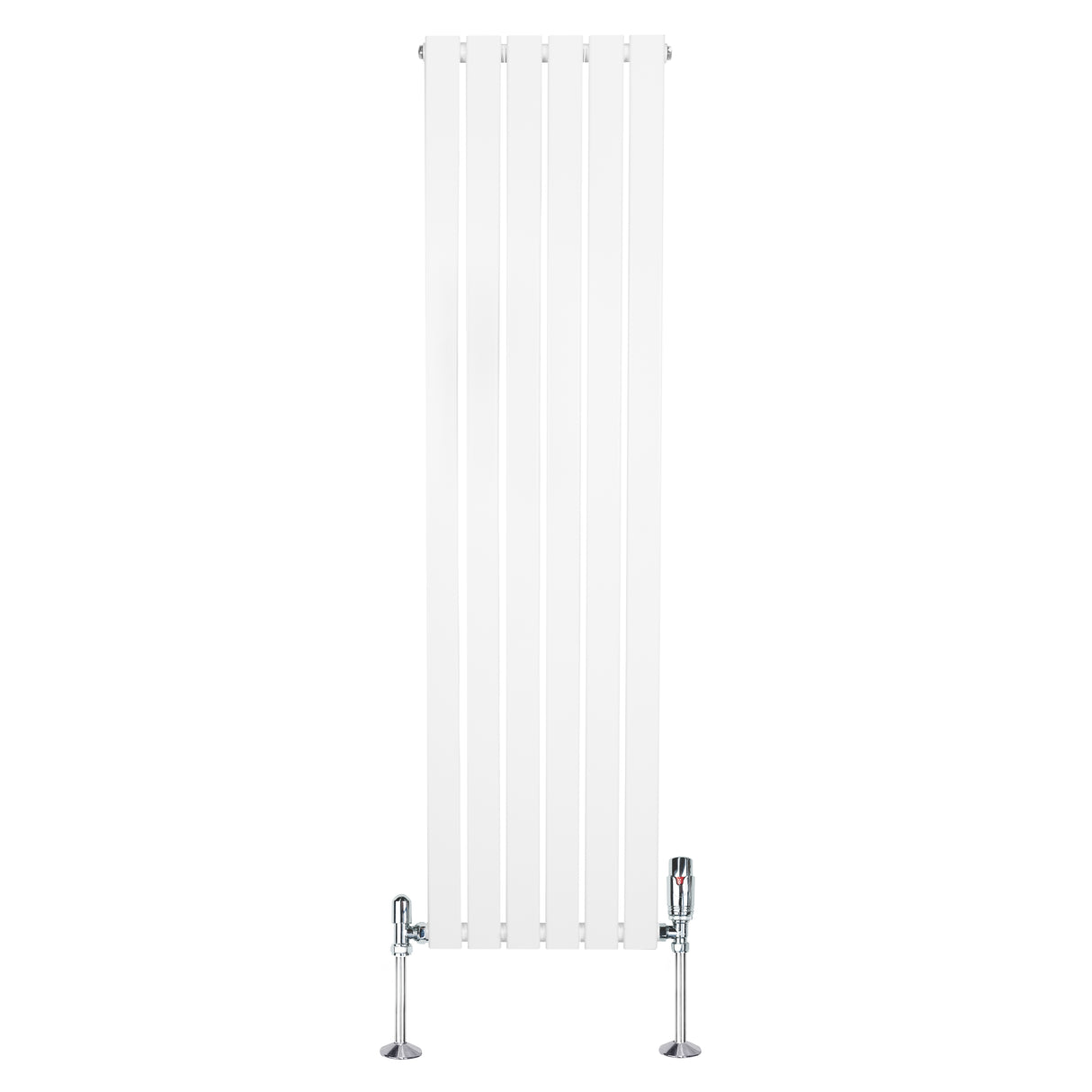 Platt enkelkolumnsradiator i vit färg, 1600 mm x 420 mm, med glänsande ventiler och släta, vertikala lameller för modern inredning