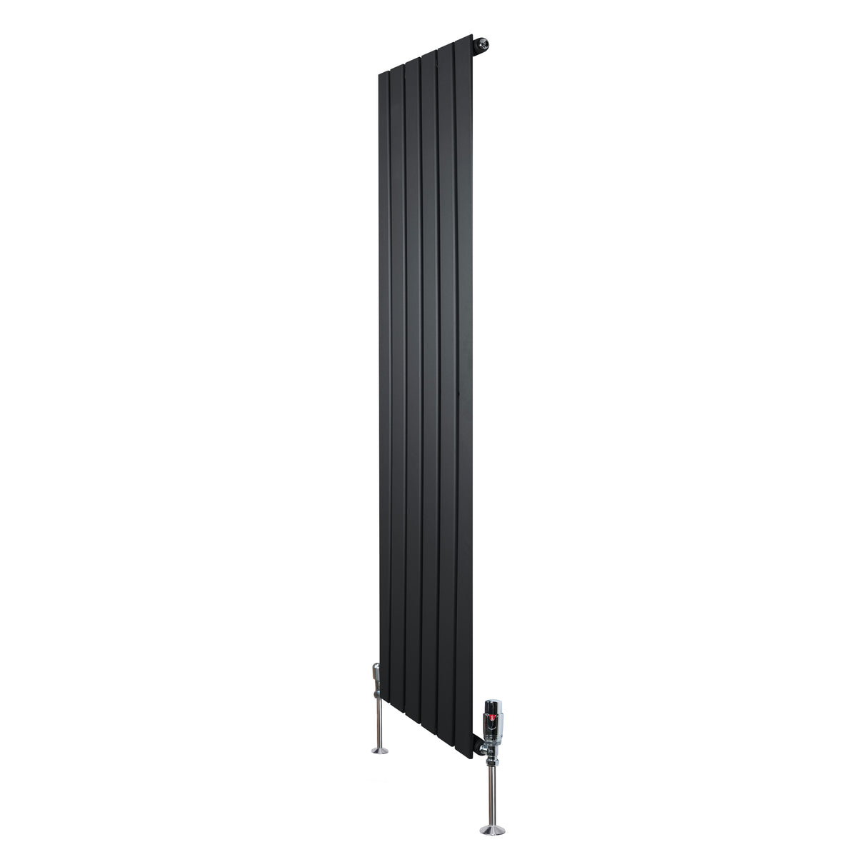 Svart platt enkelkolumnsradiator med ventiler, 1600 mm lång och 420 mm bred, med en slät, modern design och metallfinish