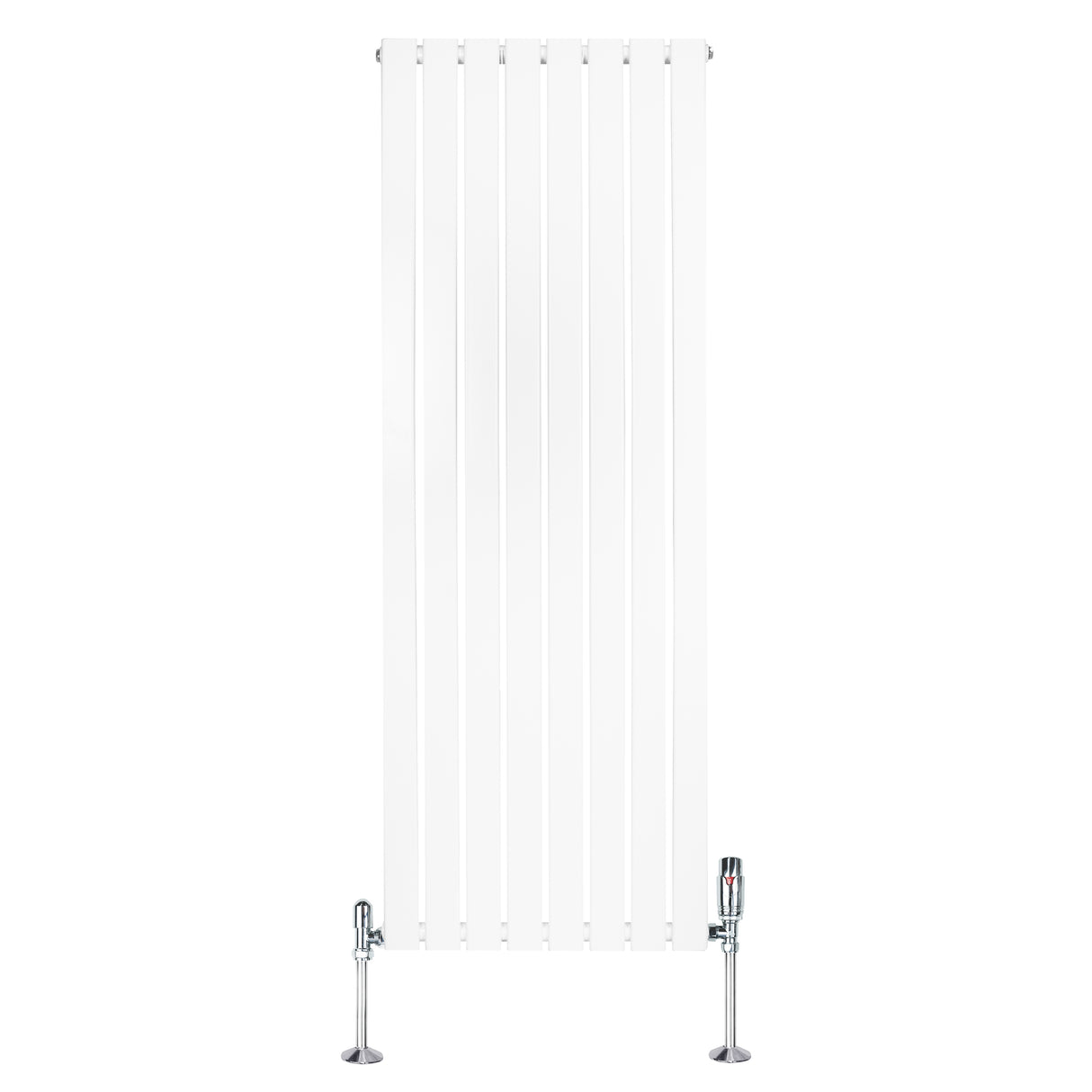 Platt enkelkolumnsradiator i vit färg, 1600 mm x 560 mm, med släta ytor och kromade ventiler för modern inredning