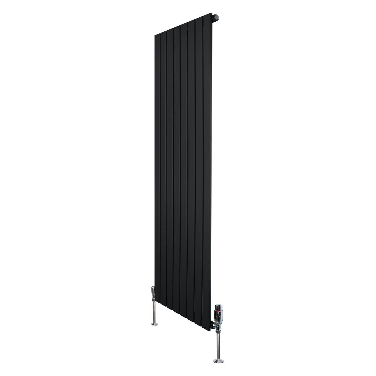 Svart platt enkelkolumnsradiator med ventiler, 1600 mm x 560 mm, med släta, vertikala ribbor och moderna detaljer