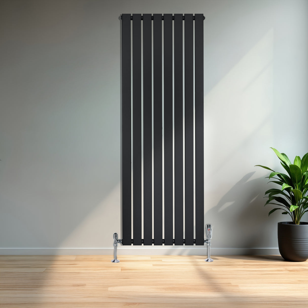 Svart platt enkelkolumnsradiator med ventiler, 1600 mm x 560 mm, placerad mot en vägg i ett ljust rum med växt i kruka