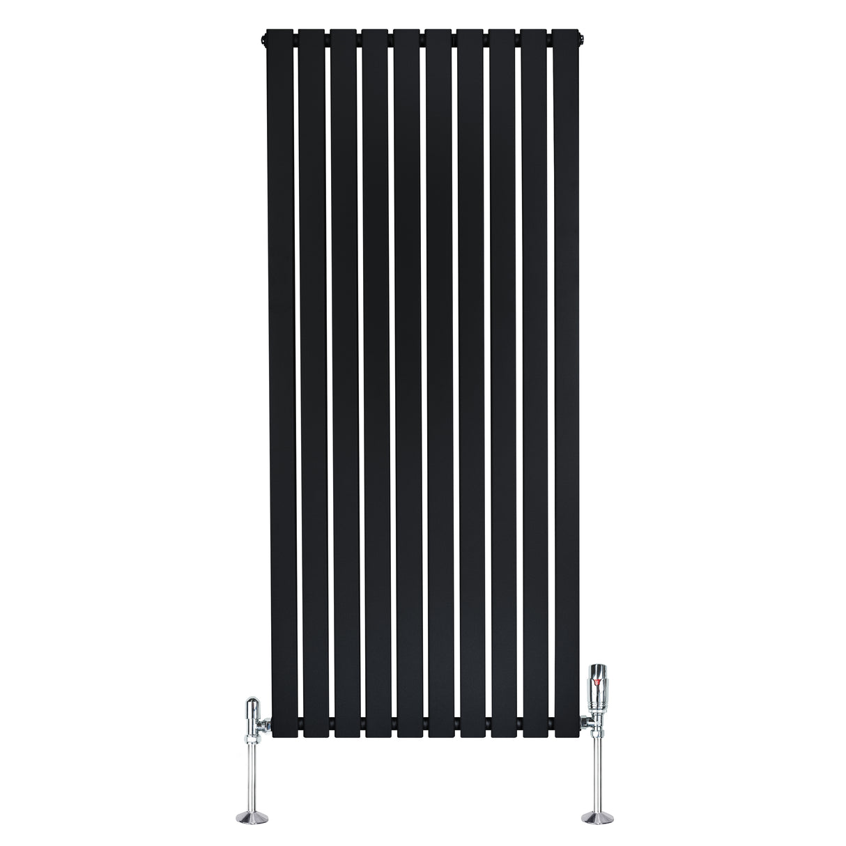 Svart platt enkelkolumnsradiator med ventiler, 1600 mm x 700 mm, med släta, vertikala ribbor och glänsande kromade ventiler