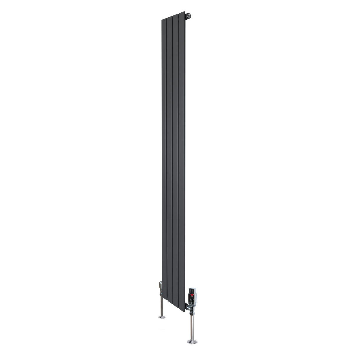 Platt enkelkolumnsradiator i antracitgrå, 1800 mm lång och 280 mm bred, med släta ytor och moderna ventiler i botten