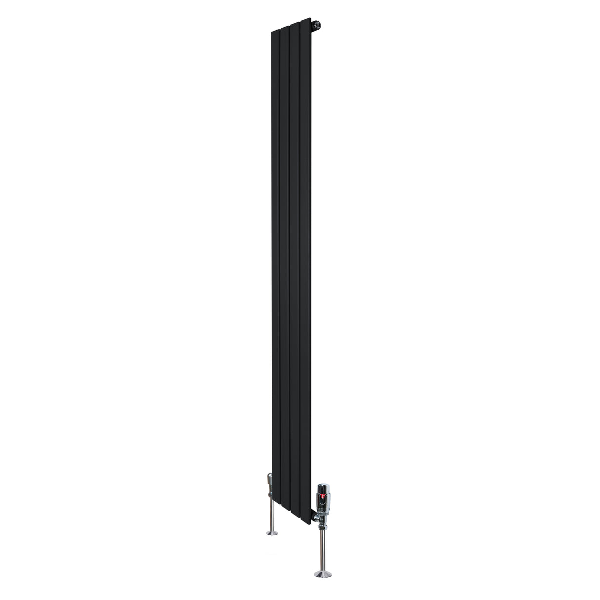 Svart platt enkelkolumnsradiator med ventiler, 1800 mm lång och 280 mm bred, har en slät yta och modern design som passar i alla rum
