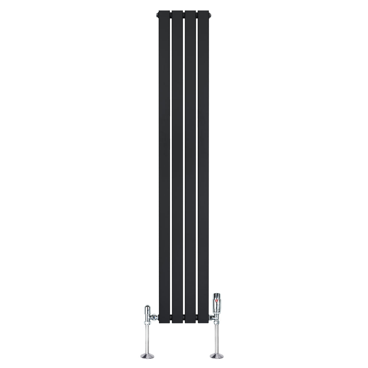 Svart platt enkelkolumnsradiator med ventiler, 1800 mm hög och 280 mm bred, med släta, moderna linjer och glänsande kromdetaljer