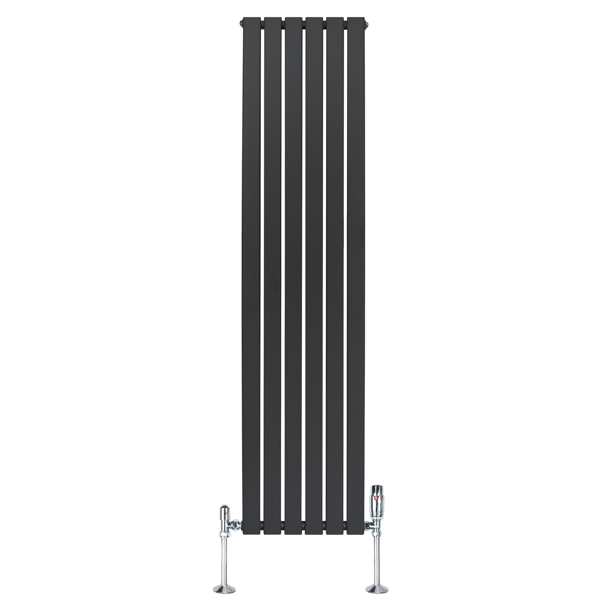 Platt enkelkolumnsradiator i antracitgrå med släta, vertikala lameller och synliga ventiler, mått 1800 mm x 420 mm