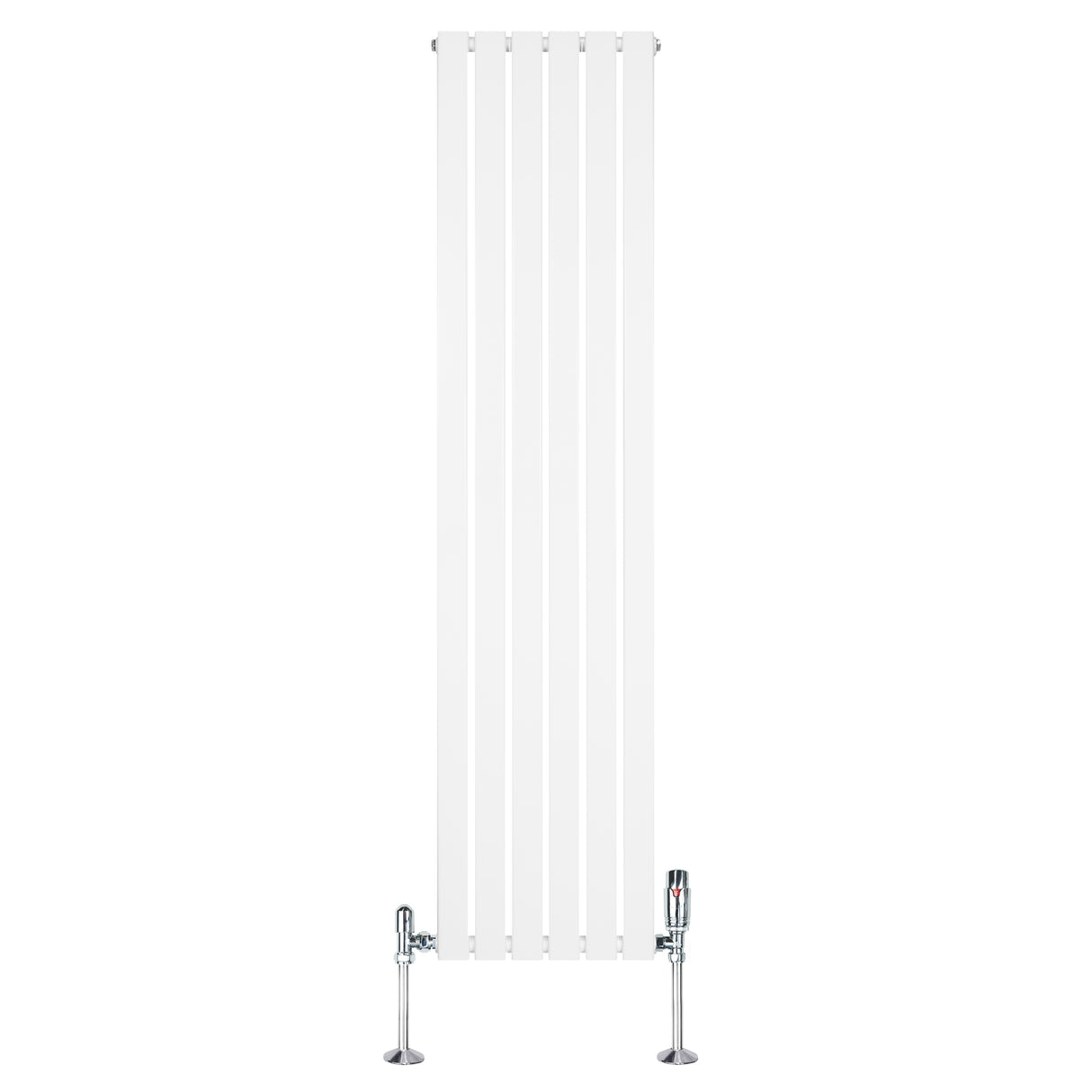 Platt enkelkolumnsradiator i vit färg, 1800 mm x 420 mm, med släta ytor och kromade ventiler för modern inredning