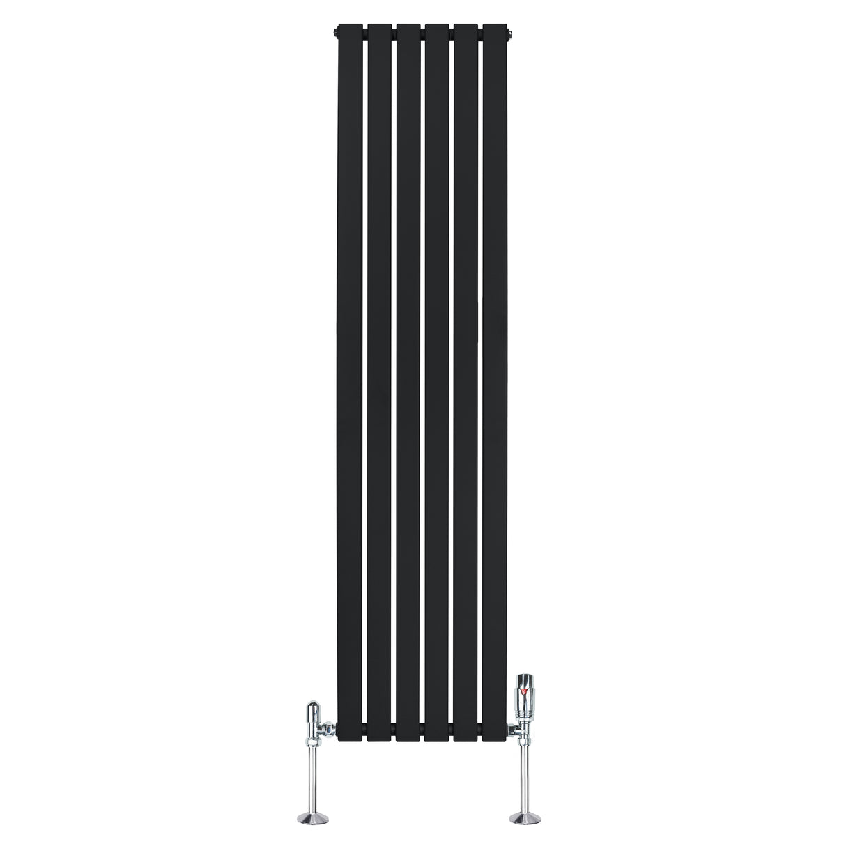 Svart platt enkelkolumnsradiator med ventiler, 1800 mm x 420 mm, har en slät yta och stilren design som passar moderna hem