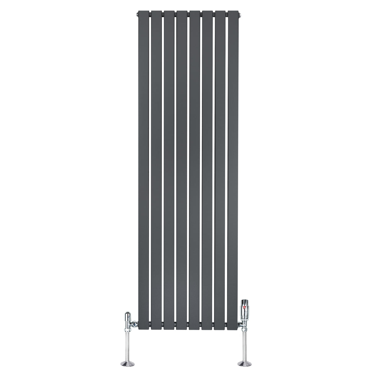Platt enkelkolumnsradiator i antracitgrå med vertikala ribbor och synliga ventiler, 1800 mm x 560 mm, modern design