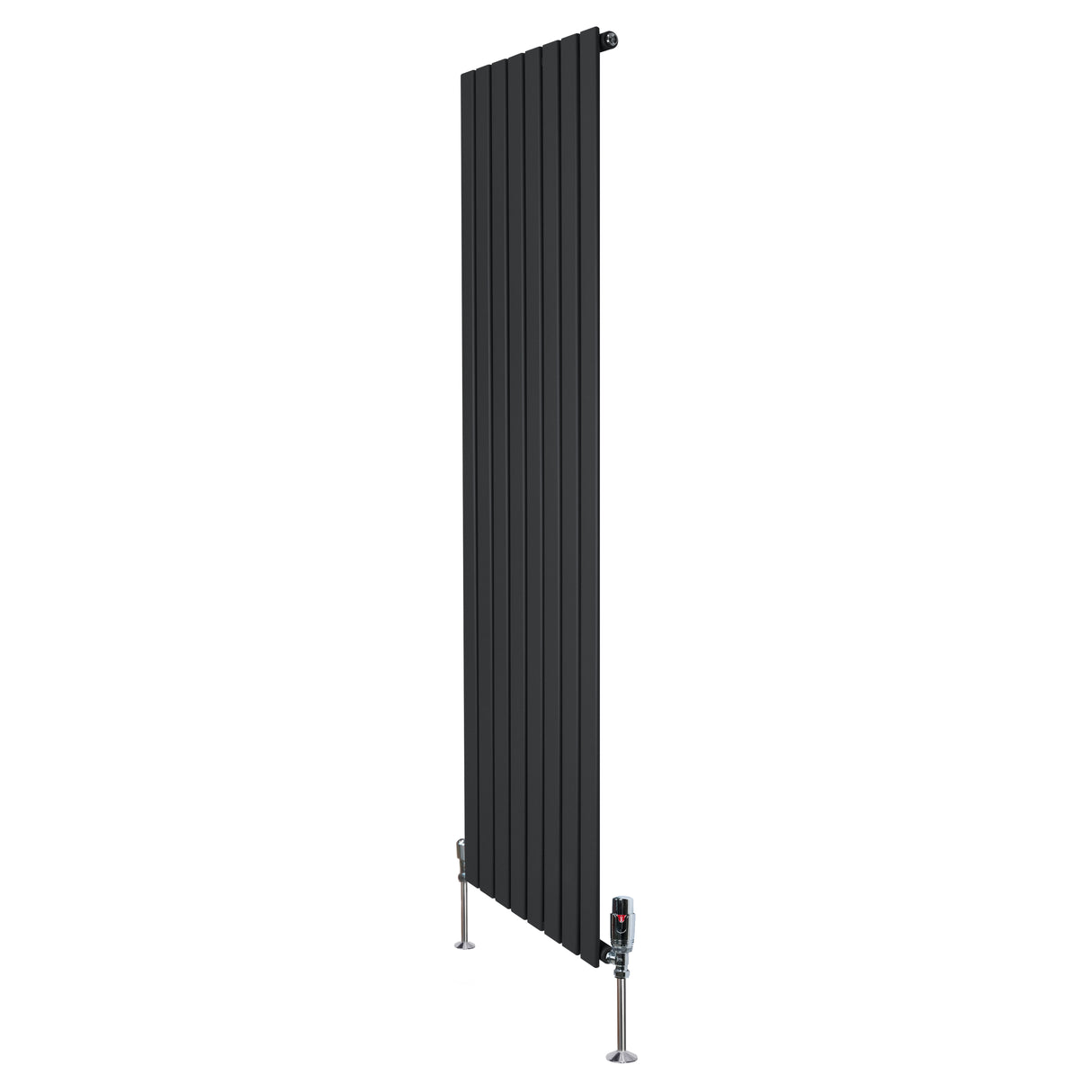 Svart platt enkelkolumnsradiator med ventiler, 1800 mm x 560 mm, med släta, vertikala ribbor och eleganta fötter