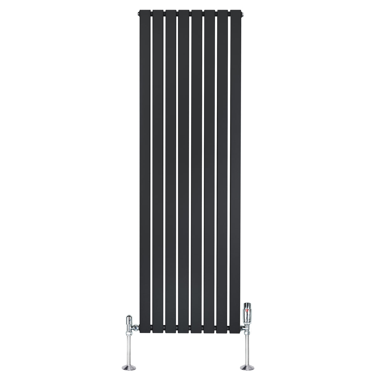 Svart platt enkelkolumnsradiator med ventiler, 1800 mm hög och 560 mm bred, med släta, vertikala lameller och modern design