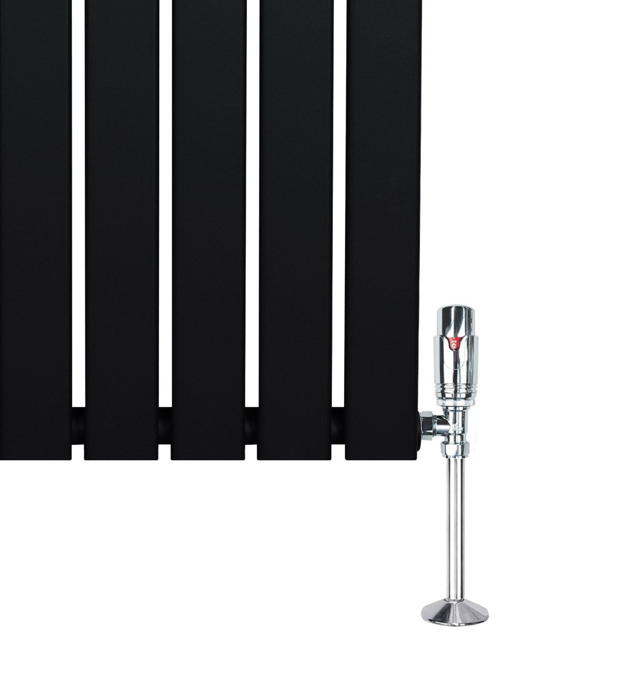 Svart platt enkelkolumnsradiator med ventiler, 1800 mm x 560 mm, med släta, rektangulära ribbor och glänsande kromventil