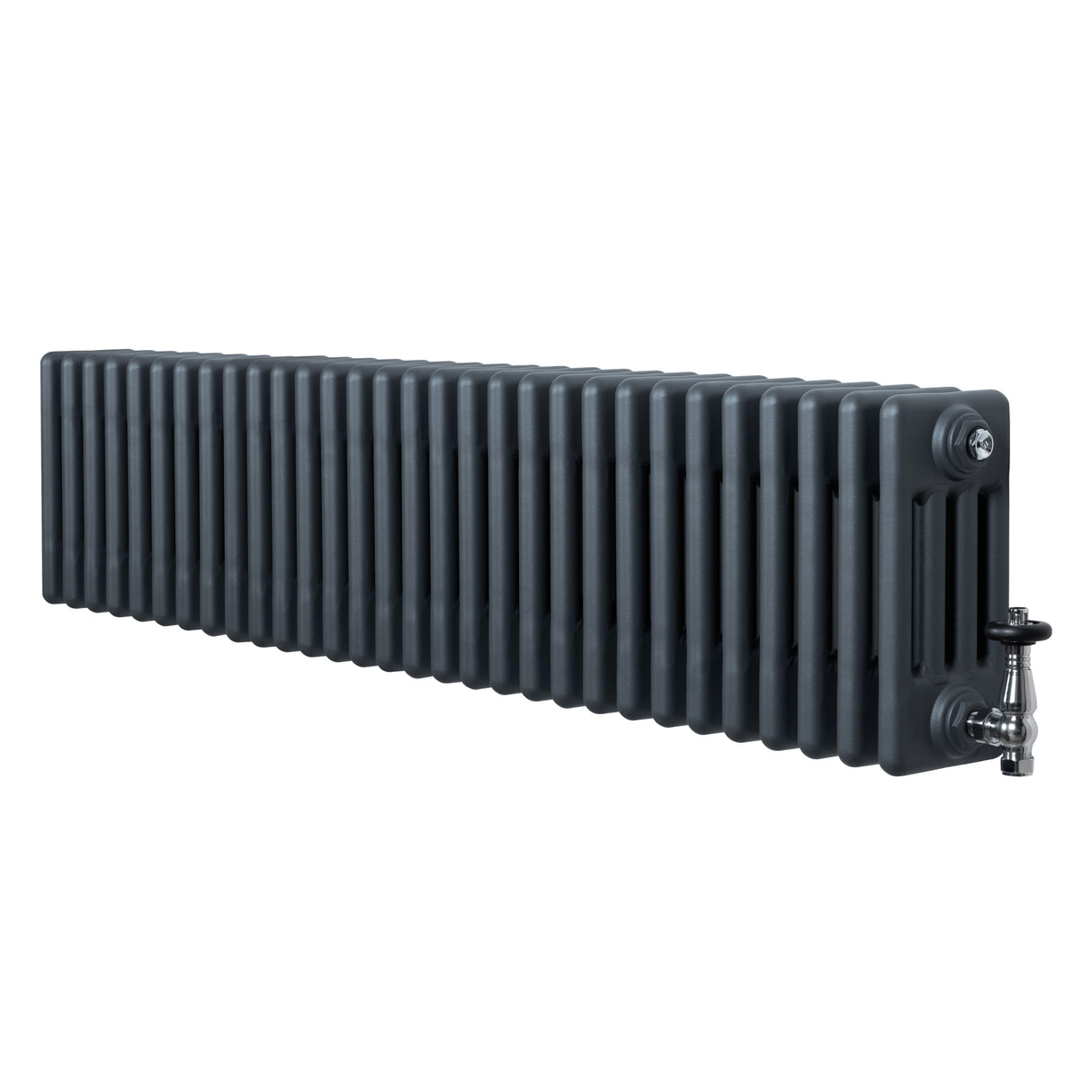 Traditionell antracitgrå 4-kolonnsradiator med släta ytor och ventiler, 300 x 1370 mm, perfekt för effektiv uppvärmning