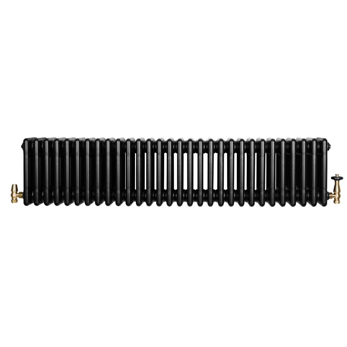 Svart traditionell 4-kolonnsradiator med släta ytor och guldventiler, 300 x 1370 mm, perfekt för elegant inredning