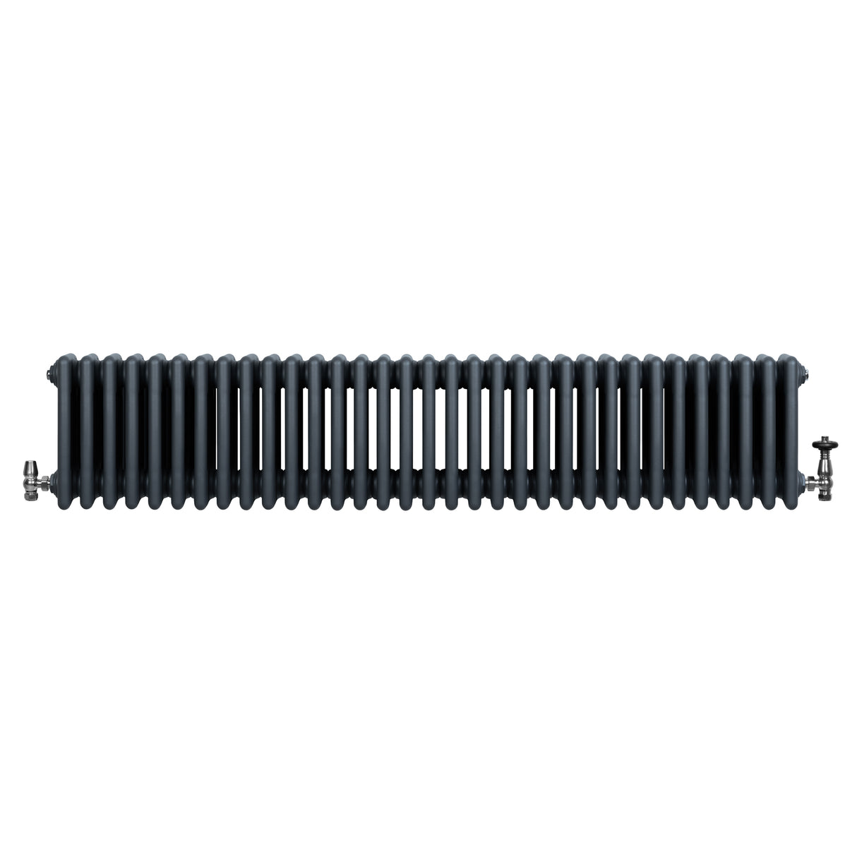 Traditionell antracitgrå 4-kolonnsradiator i metall med släta ytor och synliga ventiler, mått 300 x 1505 mm