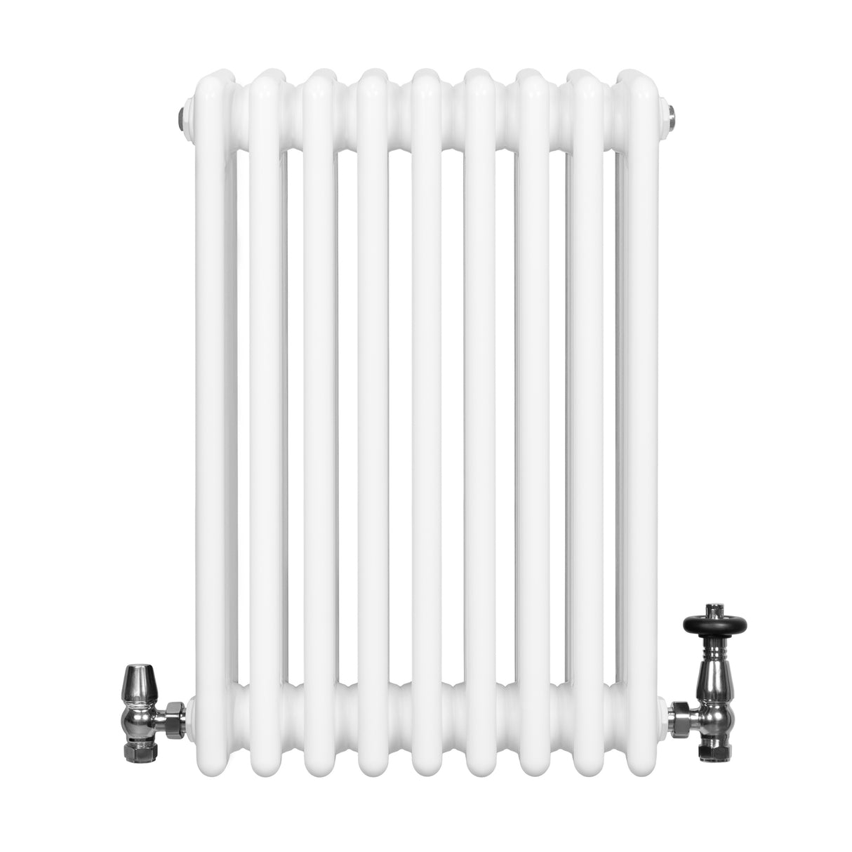 Traditionell vit 4-kolonnsradiator i stål med släta ytor och glänsande ventiler, mått 600 x 425 mm, perfekt för värme och stil