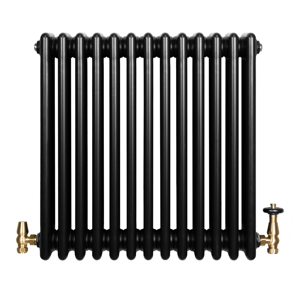 Svart traditionell 4-kolonnsradiator med glänsande ventiler, 600 x 605 mm, med släta, runda rör och en elegant design