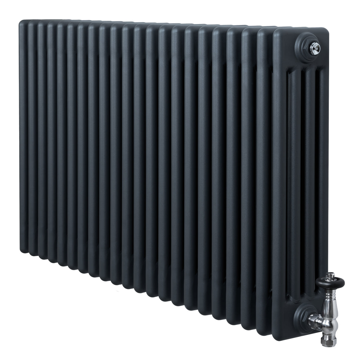 Traditionell 4-kolonnsradiator i antracitgrå, med släta ytor och tydliga linjer, perfekt för värme och stil i hemmet