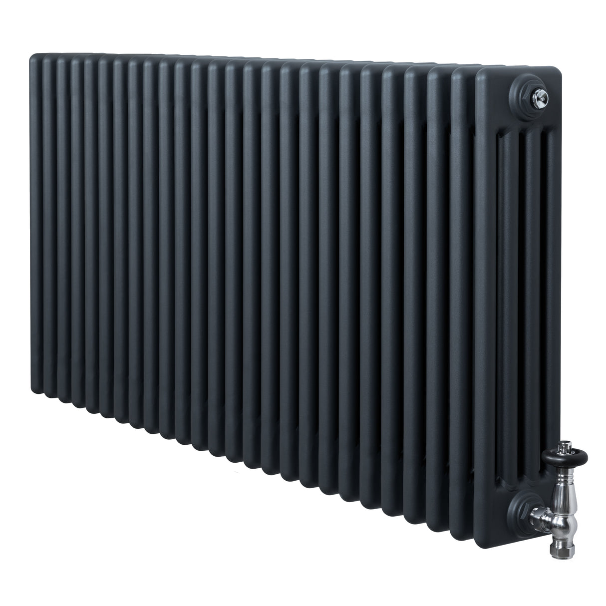 Traditionell 4-kolonnsradiator i antracitgrå med släta ytor och tydliga linjer, perfekt för effektiv uppvärmning i hemmet