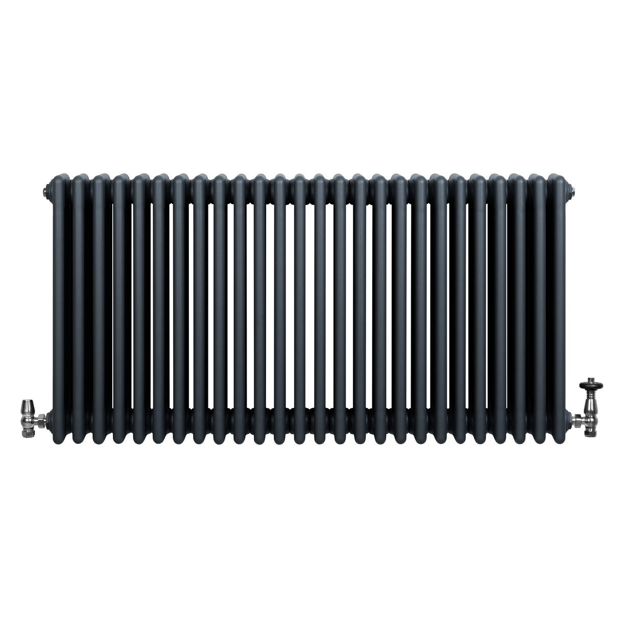 Traditionell antracitgrå 4-kolonnsradiator med släta, vertikala ribbor och ventiler, perfekt för värme och stil i hemmet