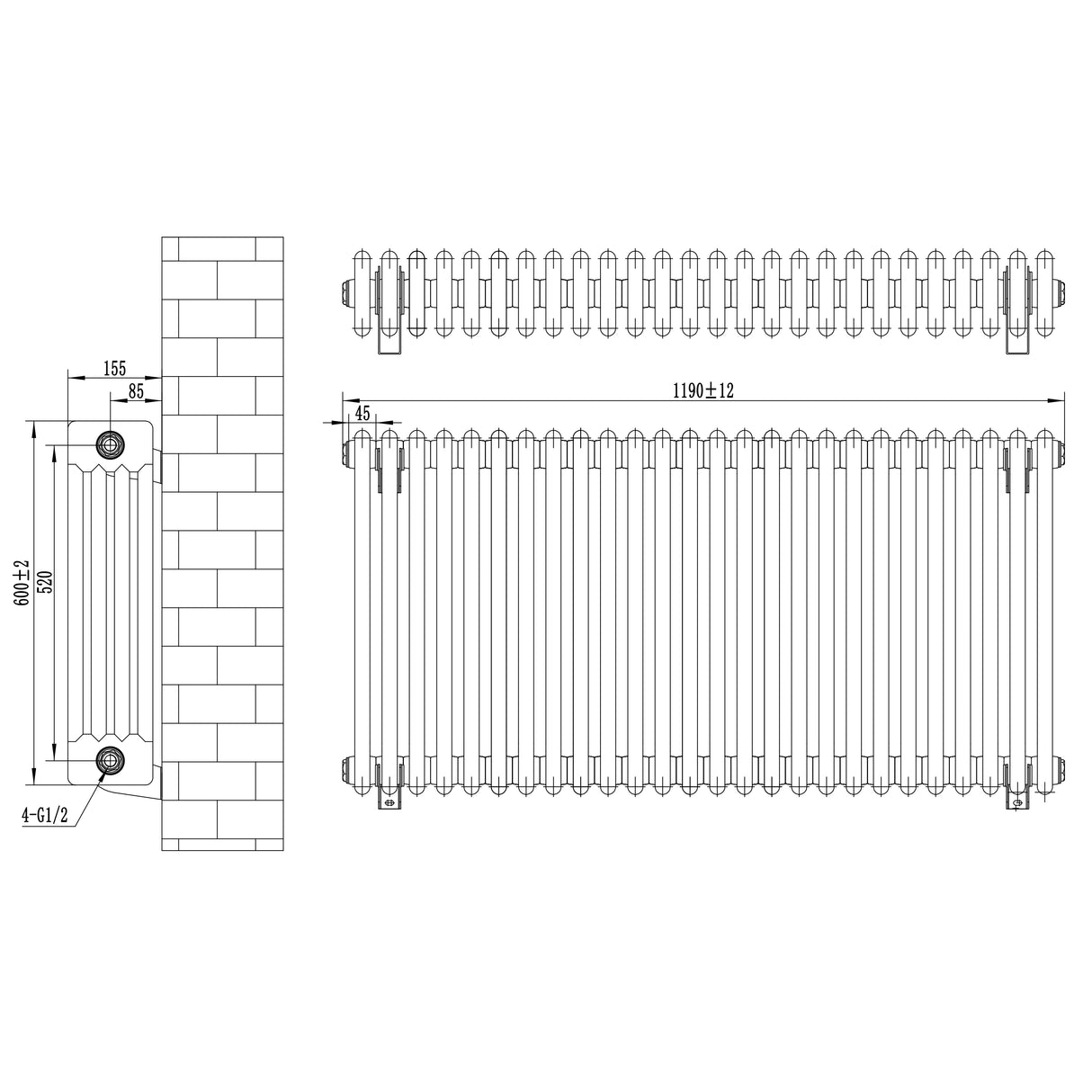 Traditionell 4-kolonnsradiator i antracitgrå, 600 x 1190 mm, med detaljerade mått och ventiler för enkel installation