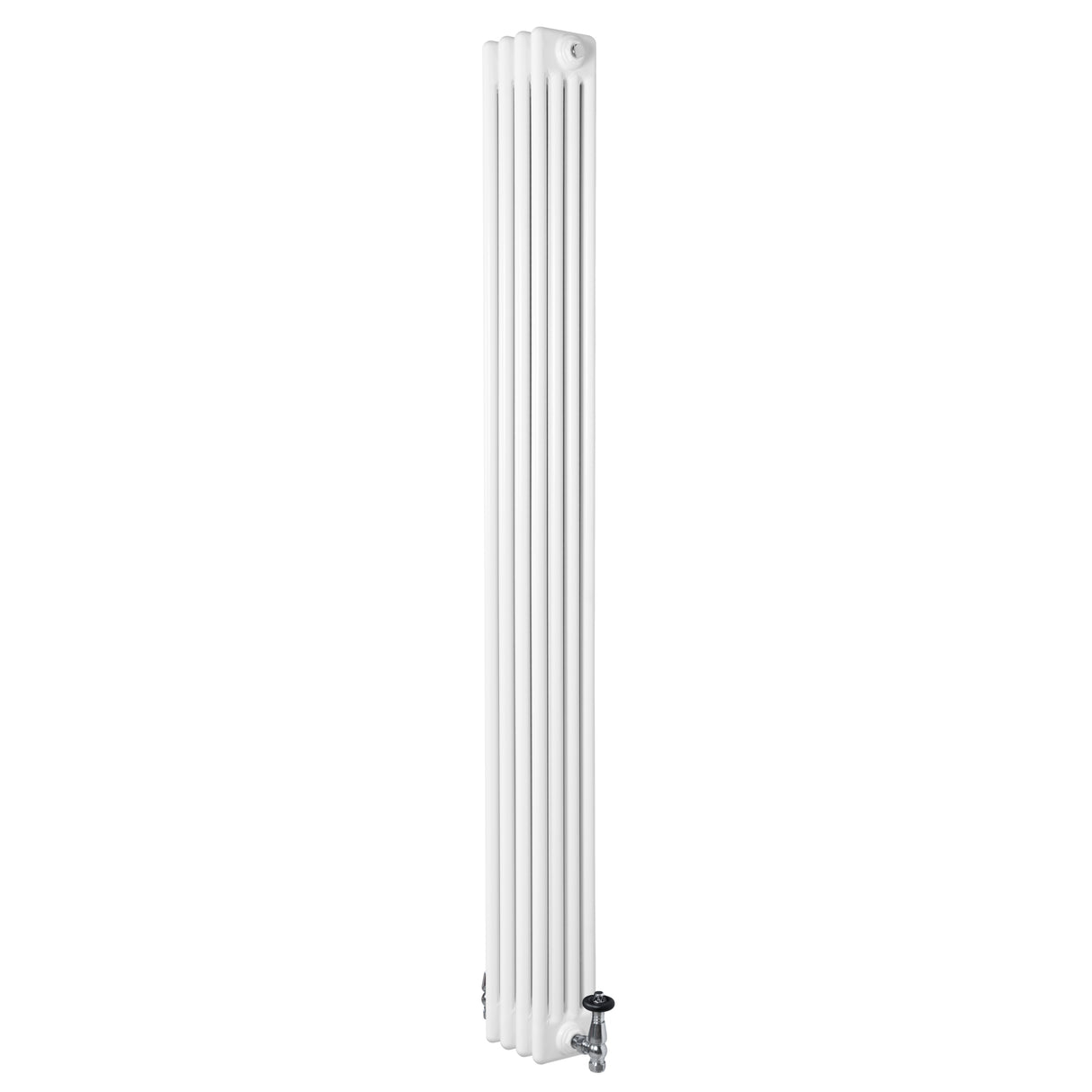 Vit traditionell 4-kolonnsradiator med släta ytor och ventiler, 1800 x 200 mm, perfekt för effektiv uppvärmning i hemmet