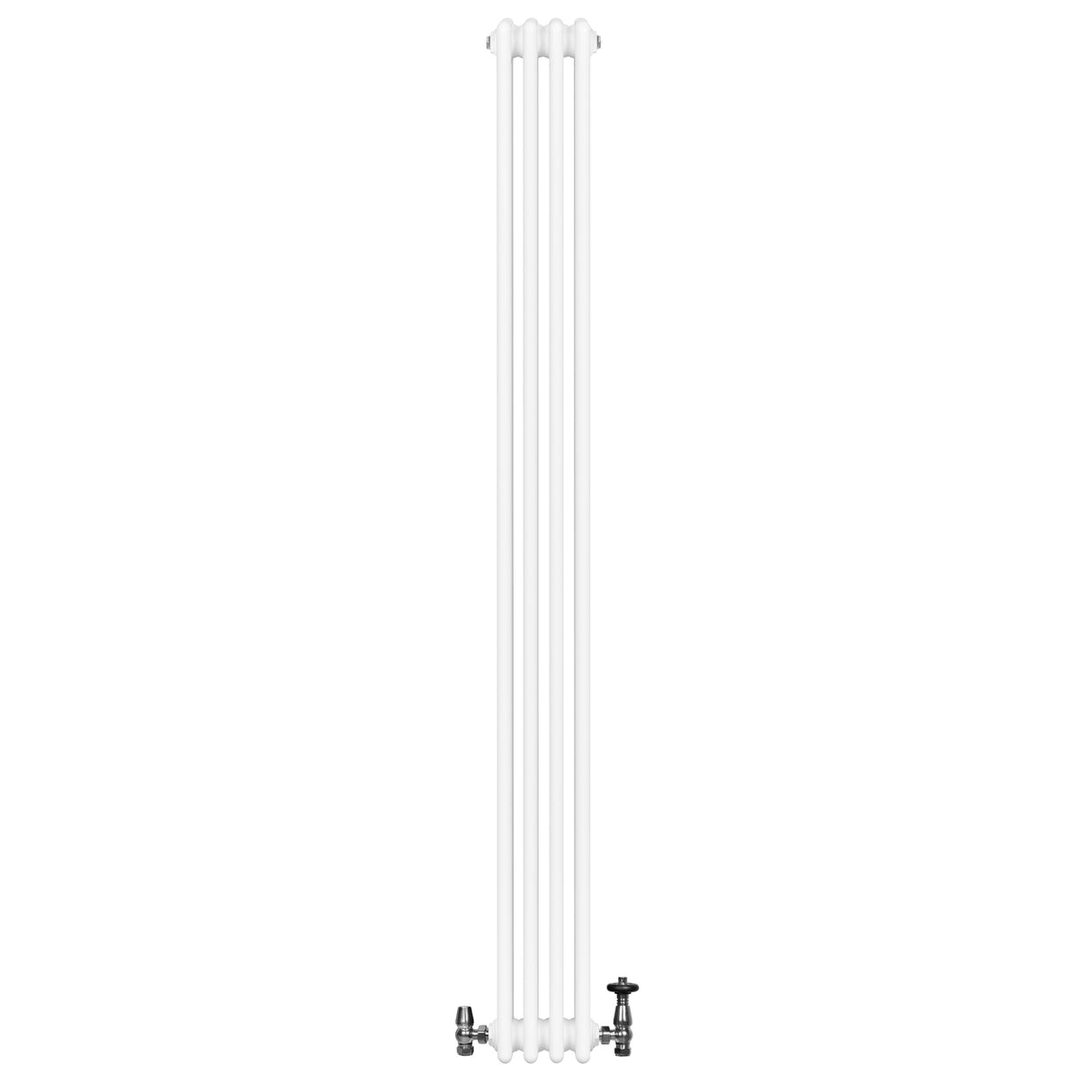 Traditionell vit 4-kolonnsradiator i metall, 1800 x 200 mm, med glänsande ventiler och släta, rundade former