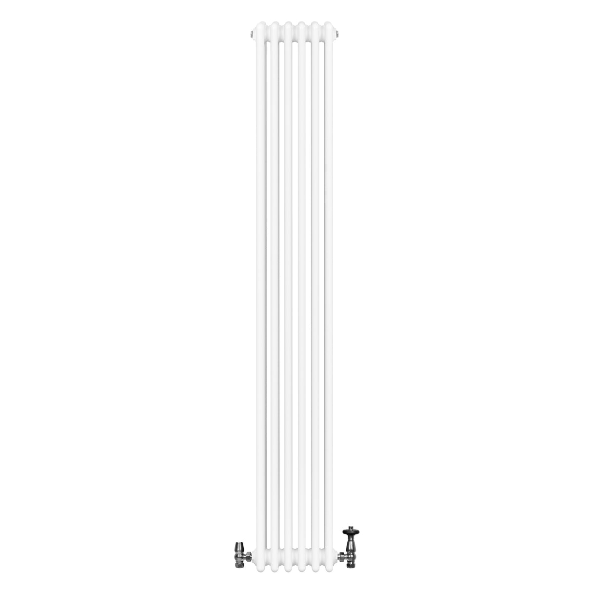 Traditionell vit 4-kolonnsradiator med släta ytor, 1800 x 290 mm, och ventiler för effektiv värme och stilren inredning