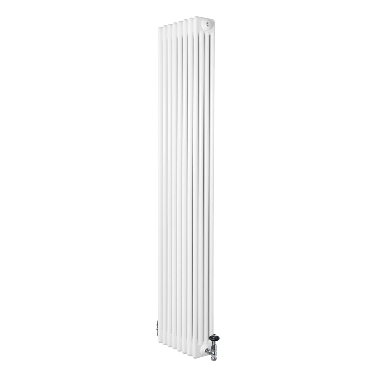 Vit traditionell 4-kolonnsradiator i stål, 1800 x 380 mm, med släta ytor och ventiler, perfekt för effektiv uppvärmning