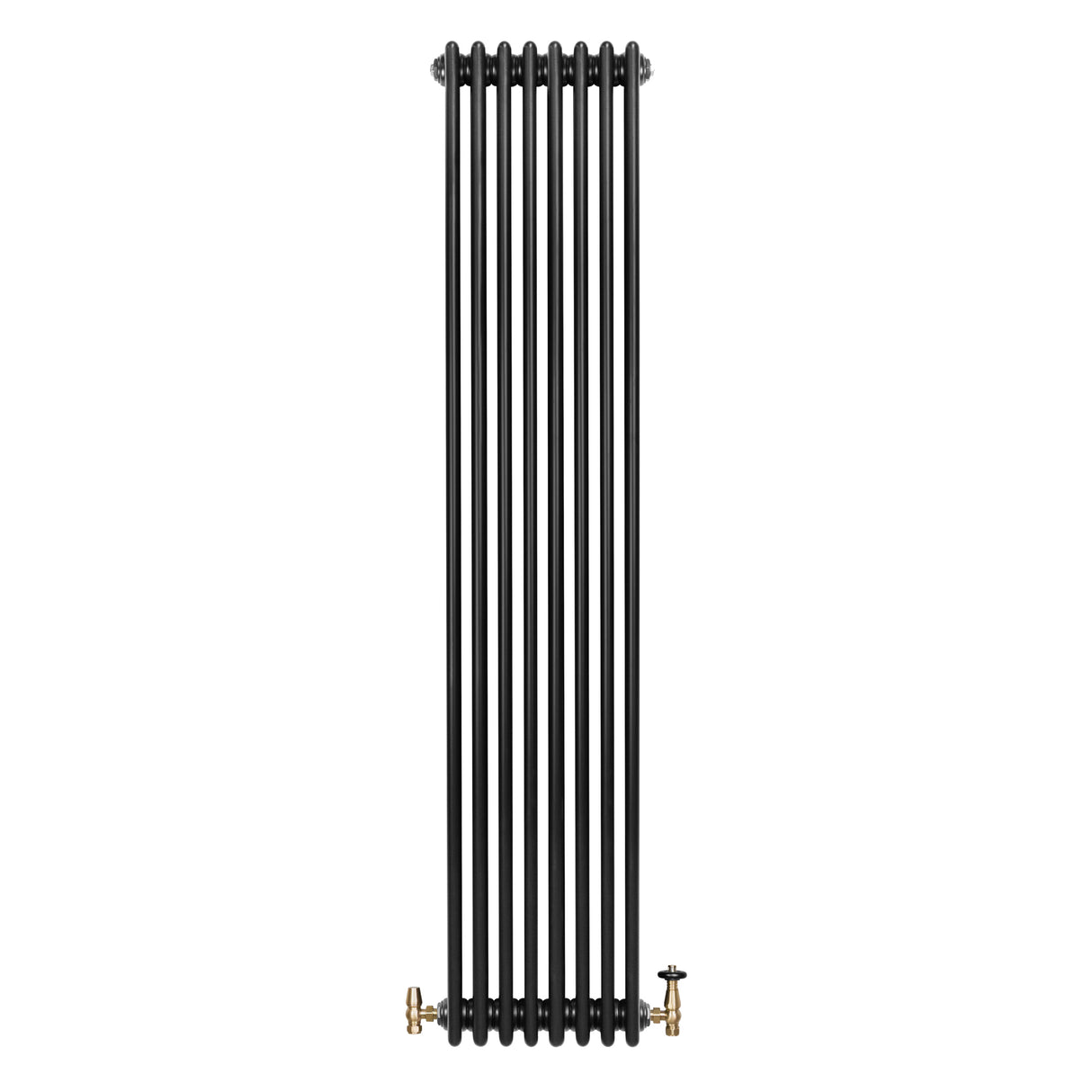 Svart traditionell 4-kolonnsradiator med släta ytor och glänsande ventiler, 1800 x 380 mm, perfekt för elegant uppvärmning