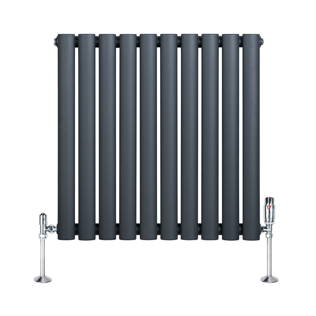 Oval enkelkolonnsradiator i antracitgrå med släta, runda rör och glänsande ventiler, mått 600 mm x 600 mm