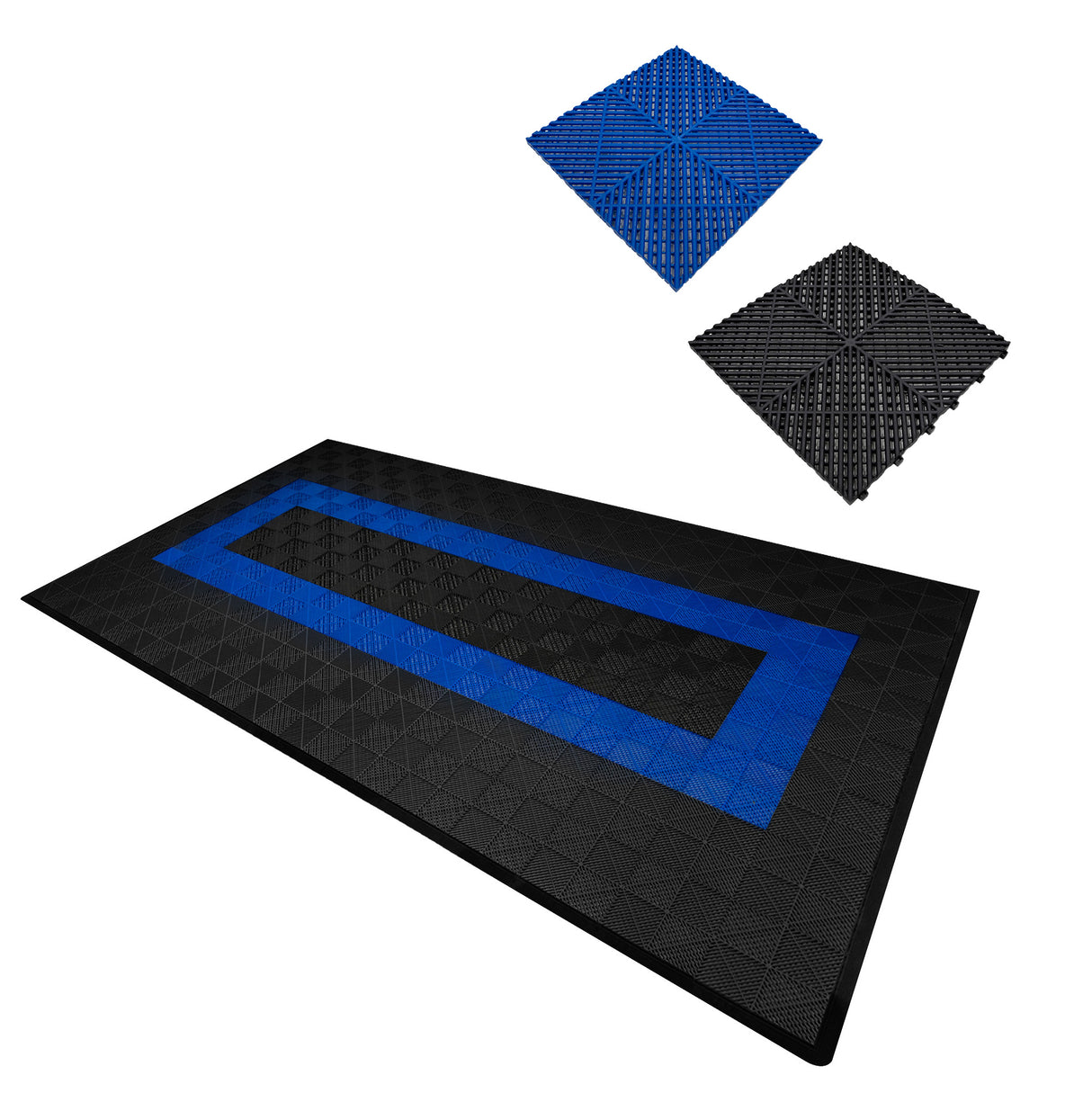 Polypropenplattor med ventilationskanaler (120 enheter) och kanter - Svart (90) och Blå (30)