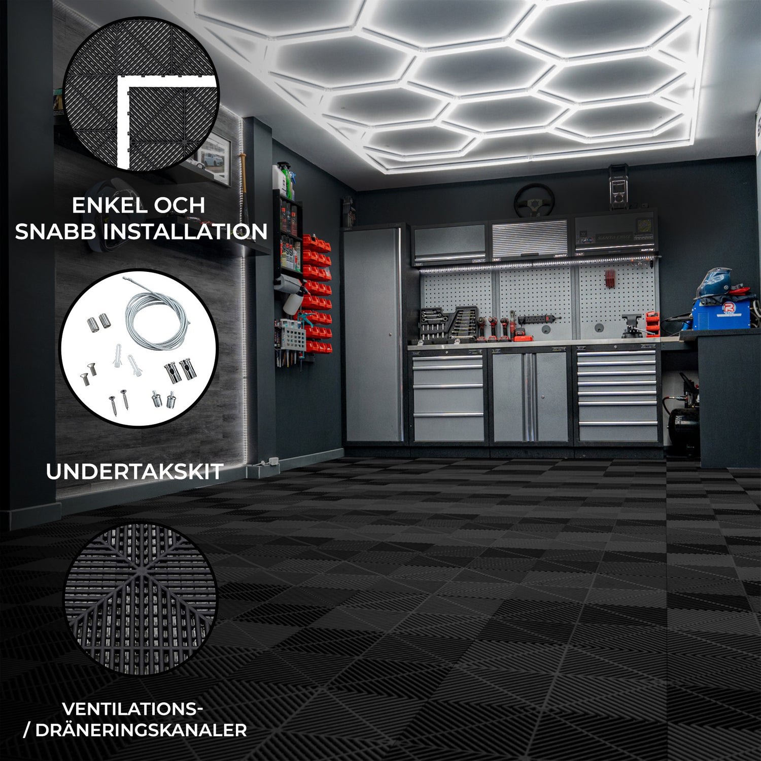 Polypropenplattor med ventilationskanaler (120 enheter) och kanter - Svart + Hexagonal LED-taklampa