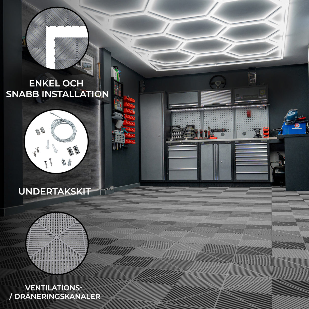 Polypropenplattor med ventilationskanaler (120 enheter) och kanter - Grå + Hexagonal LED-taklampa