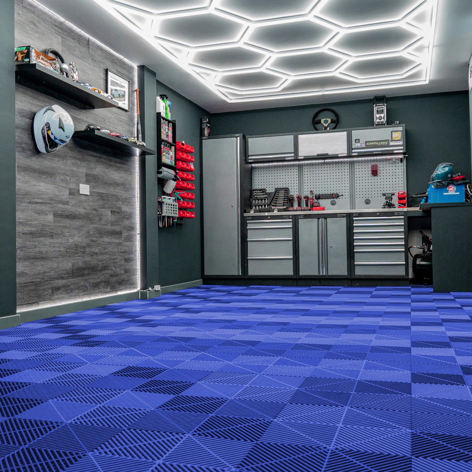 Polypropenplattor med ventilationskanaler (120 enheter) och kanter - Blå+ Hexagonal LED-taklampa