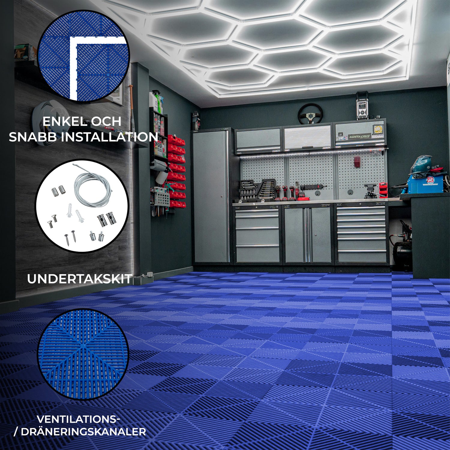 Polypropenplattor med ventilationskanaler (120 enheter) och kanter - Blå+ Hexagonal LED-taklampa